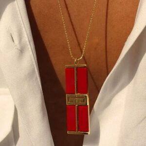 Givenchy Gold Plated 1979 Red Logo Pendant Necklace Vntage Signed